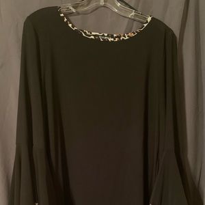 Black dress with cheetah print piping and flare sleeves